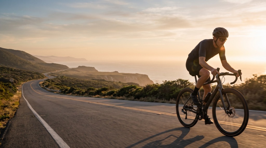 Road cyclist riding along scenic mountain highway at golden hour